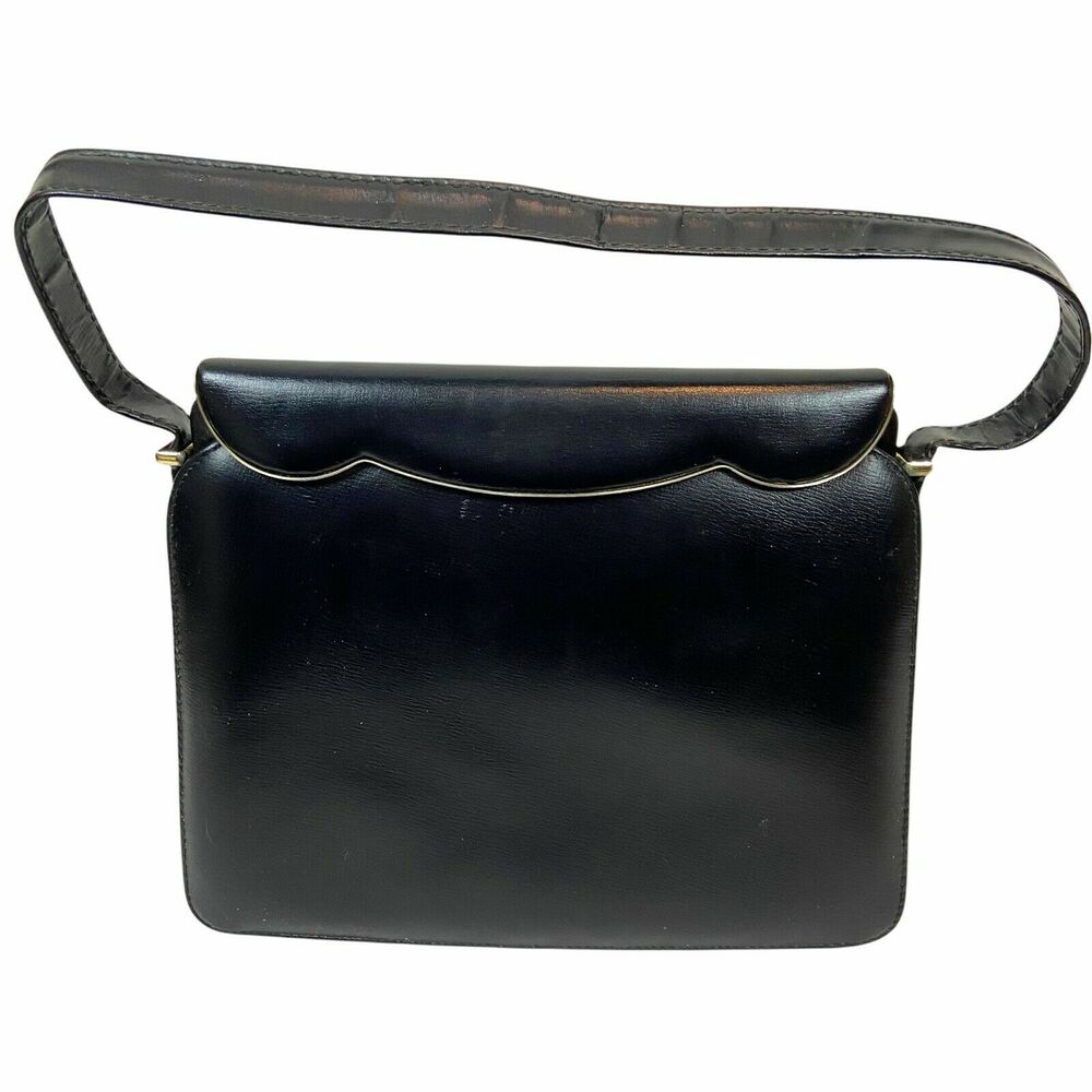 60's Etna Purse Womens Black Leather Clasp Button Closure Handbag Vintage